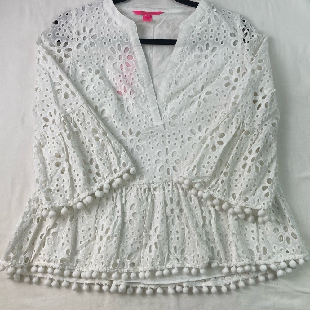 Lilly Pulitzer Women's White Crochet Cotton 3/4 Sleeve Blouse Tops Size XL NWT